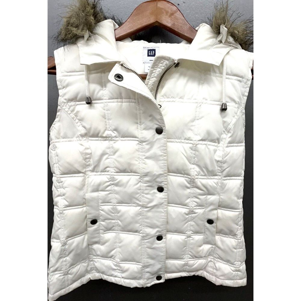 Gap Puffer Vest Women S Ivory Detachable Faux Fur Trim Hood Full Zip Pockets